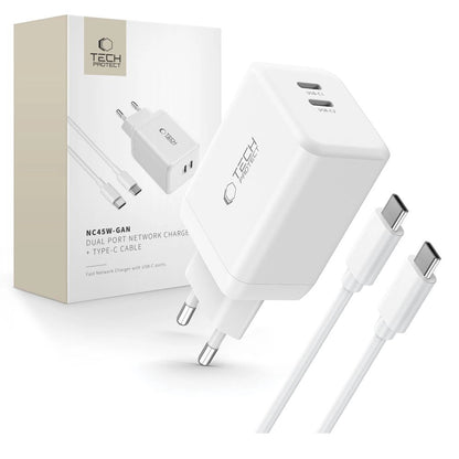 Tech-Protect NC45W-GAN 2-PORT PD45W Charger + TYPE-C CABLE - white_0