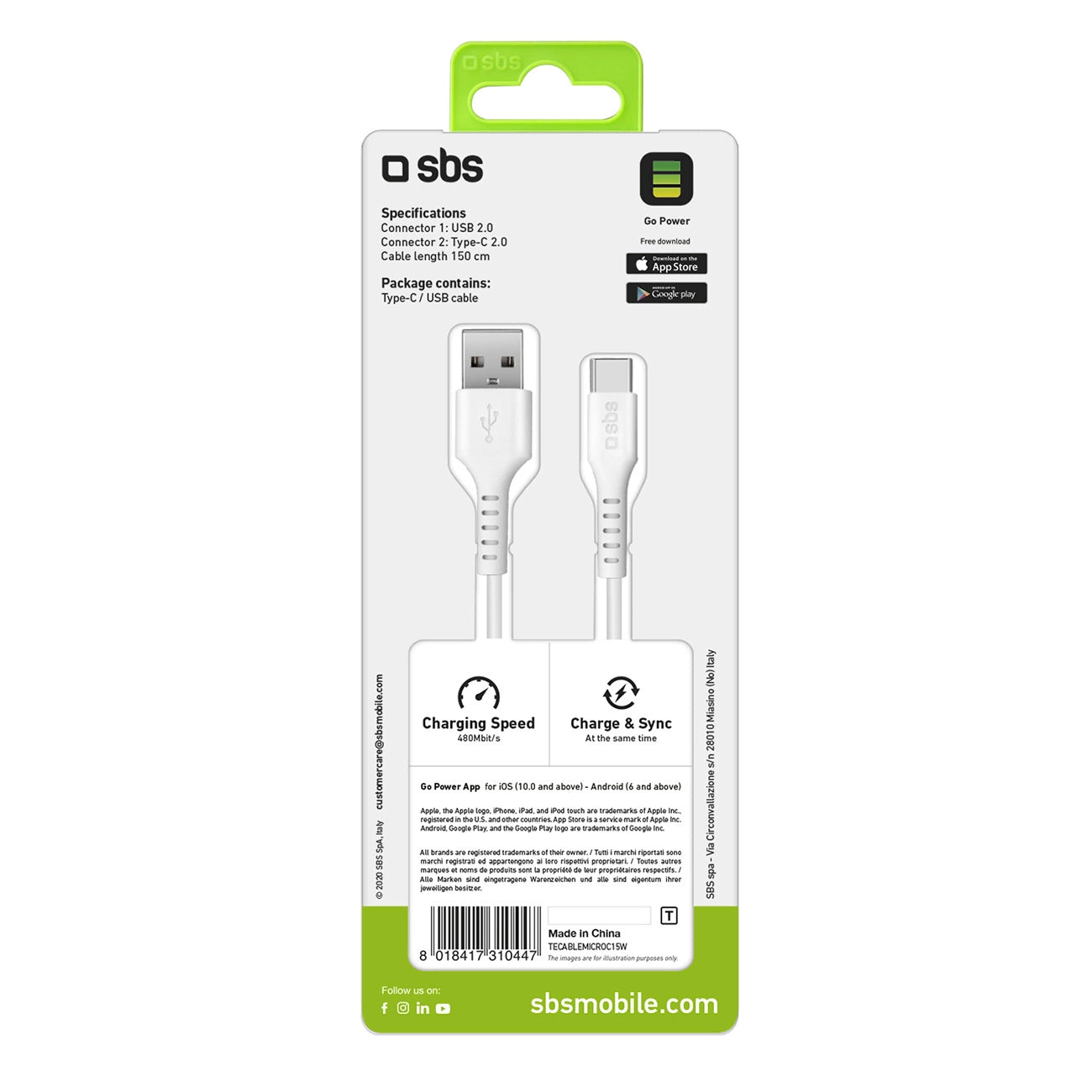 SBS TECABLEMICROC15W USB-A - USB-C Cable 1.5m - White_1
