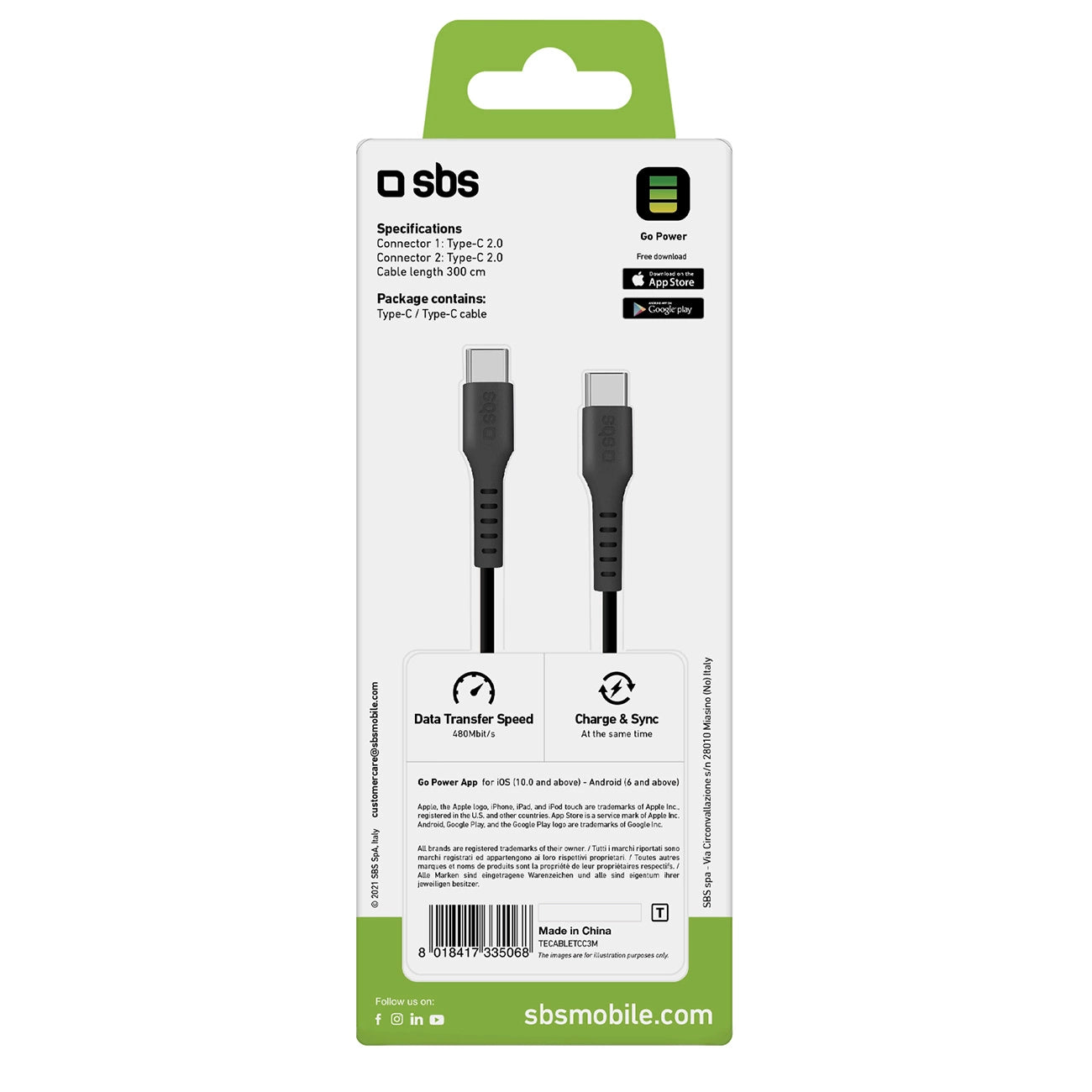 SBS TECABLETCC3M USB-C - USB-C 3m Cable - Black_2