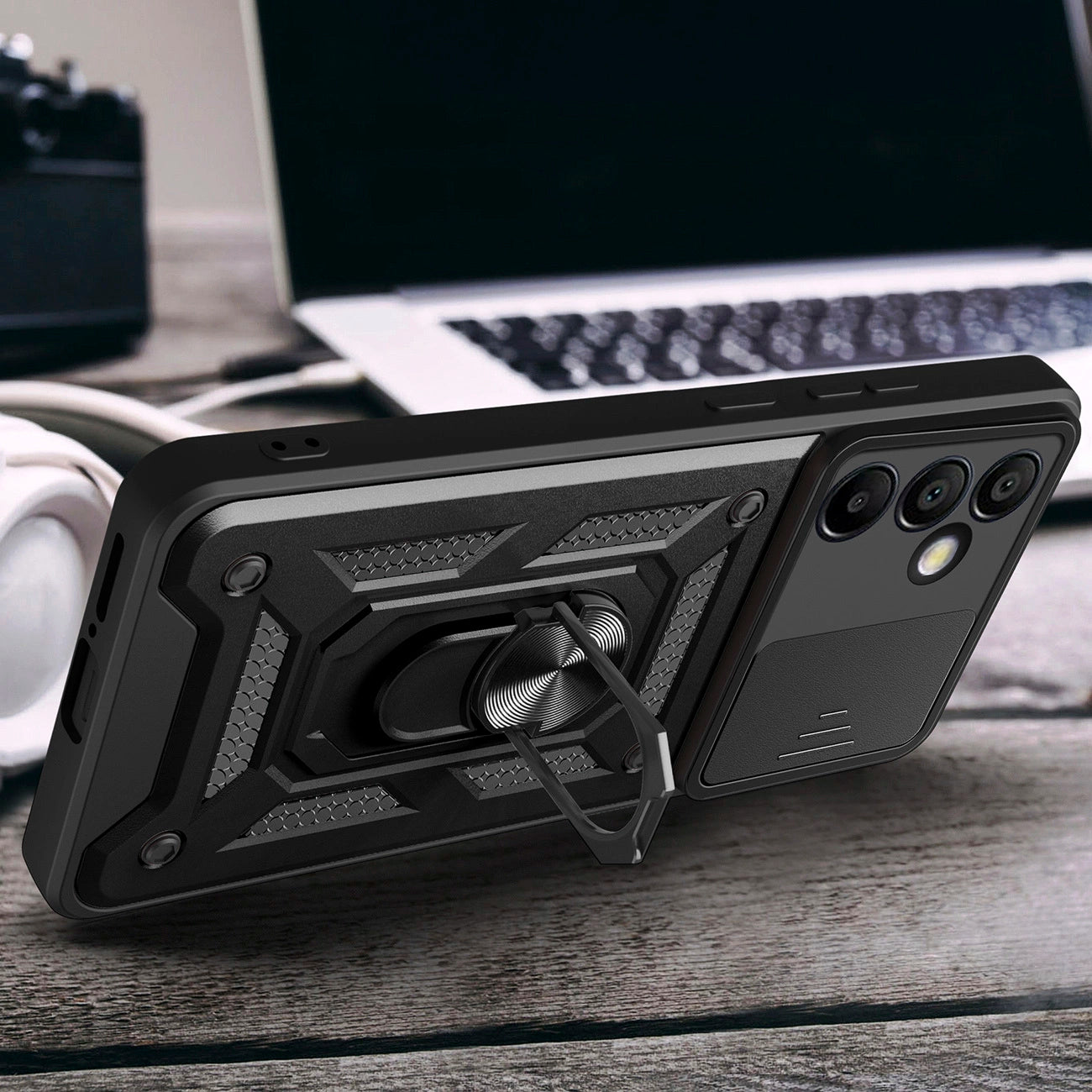 Hybrid Armor Camshield with Stand and Camera Cover for Samsung Galaxy A36 - Black_3