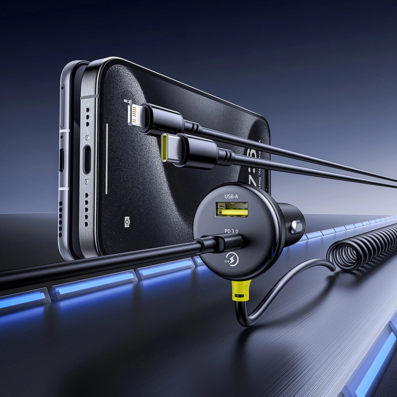 Baseus Circular 60W USB-A + USB-C Car Charger with Built-in Lightning + USB-C Cable 1.4m - Black_9