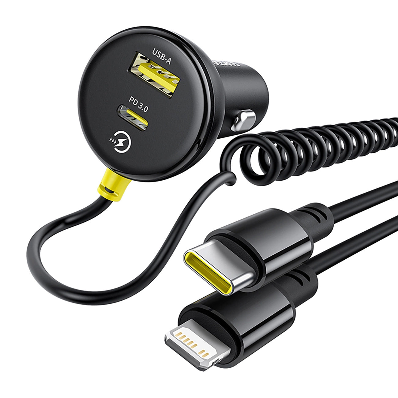 Baseus Circular 60W USB-A + USB-C Car Charger with Built-in Lightning + USB-C Cable 1.4m - Black_1