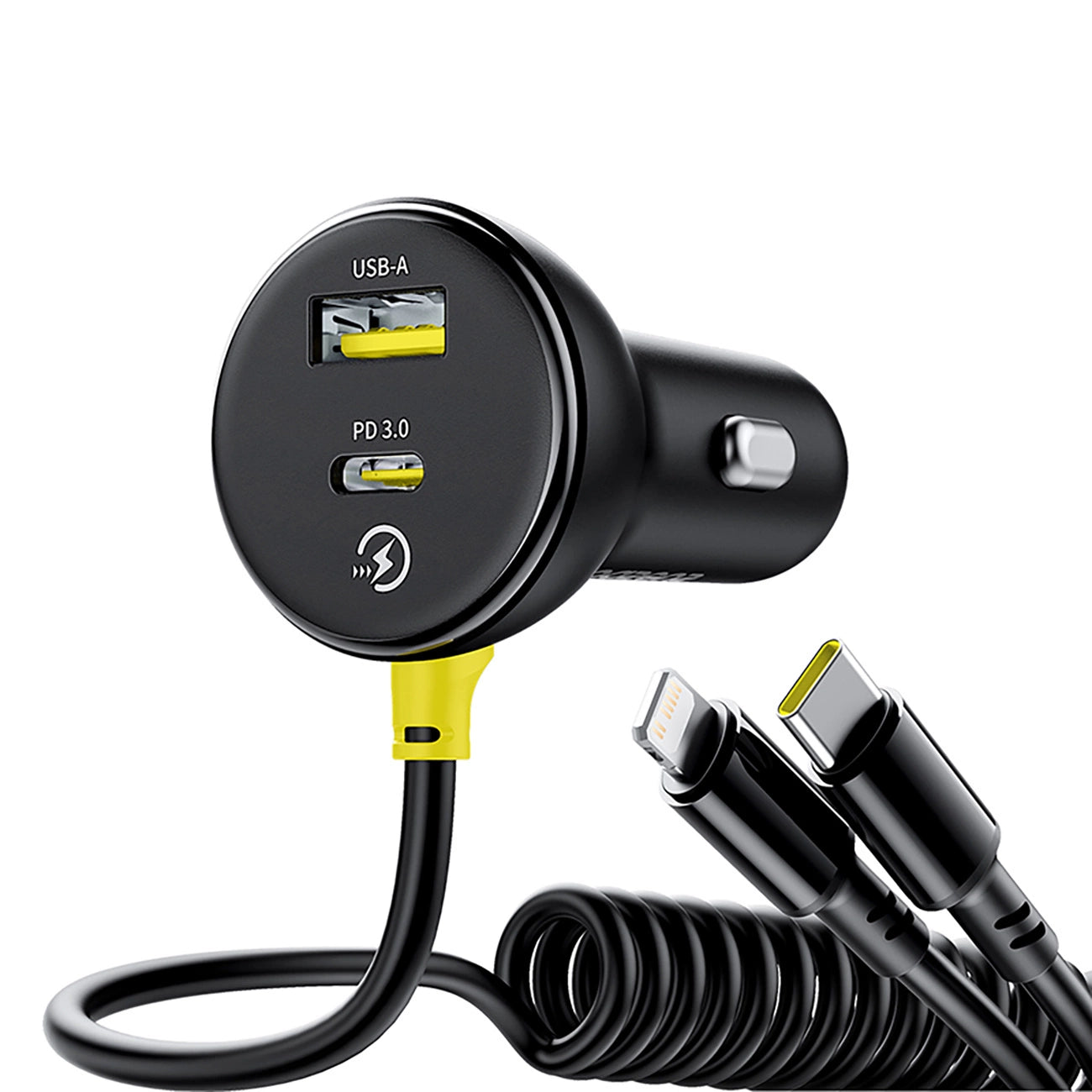 Baseus Circular 60W USB-A + USB-C Car Charger with Built-in Lightning + USB-C Cable 1.4m - Black_2