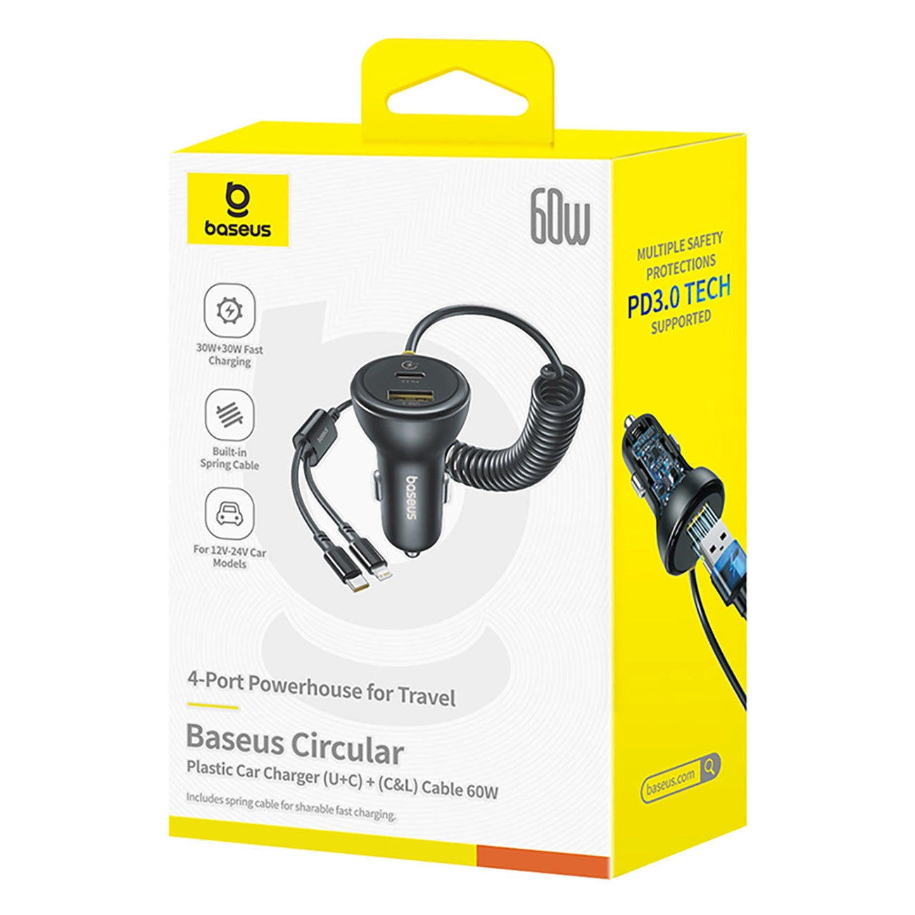 Baseus Circular 60W USB-A + USB-C Car Charger with Built-in Lightning + USB-C Cable 1.4m - Black_6