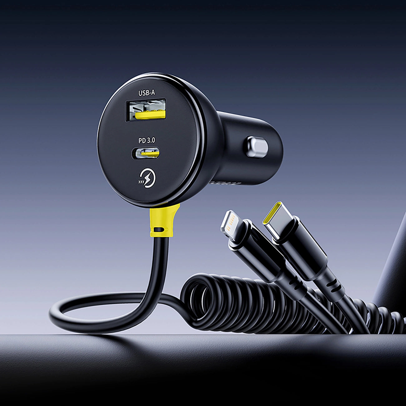 Baseus Circular 60W USB-A + USB-C Car Charger with Built-in Lightning + USB-C Cable 1.4m - Black_8