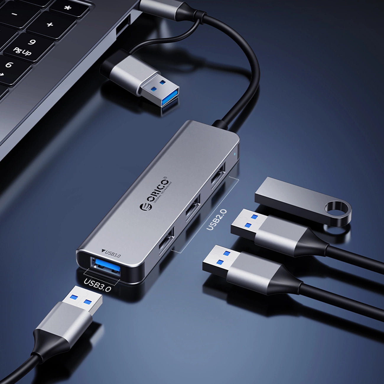 Orico YSA8-U3 USB-A/USB-C Hub Docking Station 3x USB-A 2.0 + 1x USB-A 3.0 + 1x USB-C 2.0 + 1x 3.5mm Audio + 2x TF&amp;SD - Gray_2
