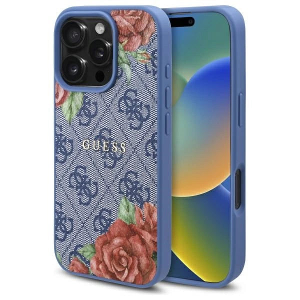 Etui Guess 4G Flowers Print MagSafe na iPhone 16 Pro - niebieskie_0