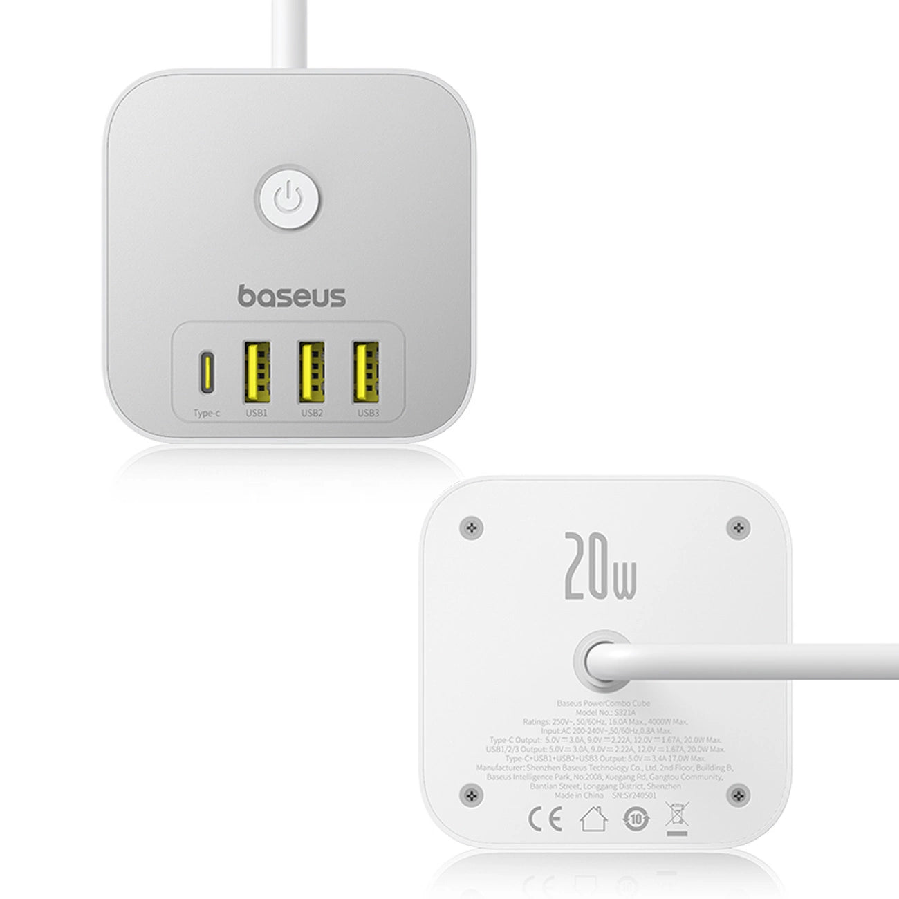 Baseus PowerCombo 7 in 1 Power Strip Cube, 3 AC + 3 x USB-A + 1 x USB-C 20W 1.5 m - white_5