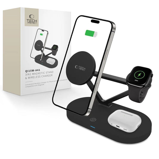 Tech-Protect QI15W-A41 3in1 Wireless Charger with MagSafe for Apple Devices - Black_0