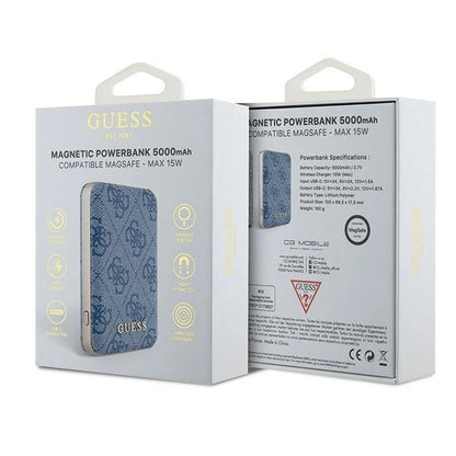 Guess Powerbank inductive 15W GUPB5FP4EMGB 5000mAh blue/blue 4G Leather Metal Logo MagSafe_3