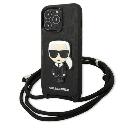 Karl Lagerfeld Leather Monogram Patch and Cord Iconik Case for iPhone 13 Pro / 13 - Black_0