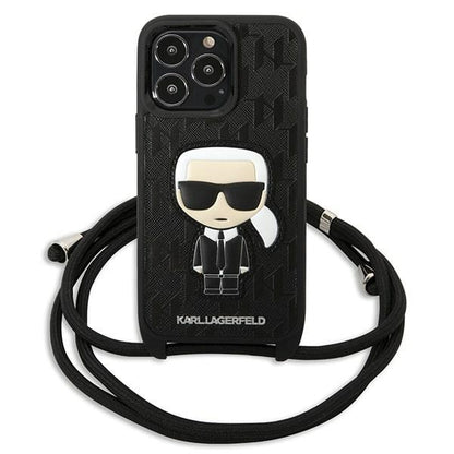 Karl Lagerfeld Leather Monogram Patch and Cord Iconik Case for iPhone 13 Pro / 13 - Black_1
