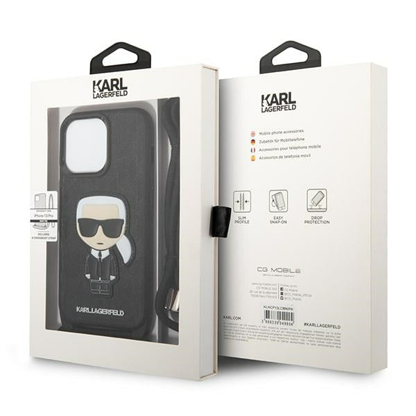 Karl Lagerfeld Leather Monogram Patch and Cord Iconik Case for iPhone 13 Pro / 13 - Black_6