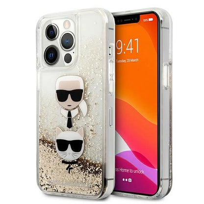 Karl Lagerfeld Liquid Glitter Karl&amp;Choupette Head Case for iPhone 13 Pro Max 6.7" - Gold_0