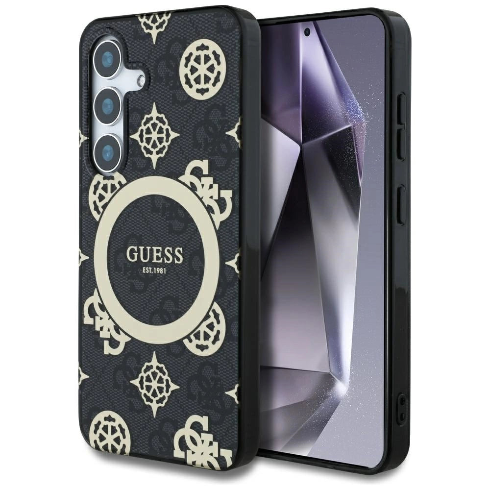 Guess 4G Background Gold Electroplated Peony Pattern MagSafe case for Samsung Galaxy S25 black_0