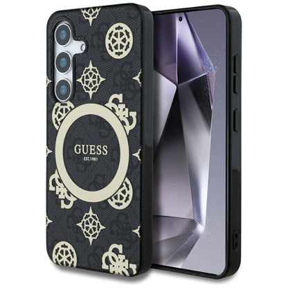 Guess 4G Background Gold Electroplated Peony Pattern MagSafe case for Samsung Galaxy S25 black_0