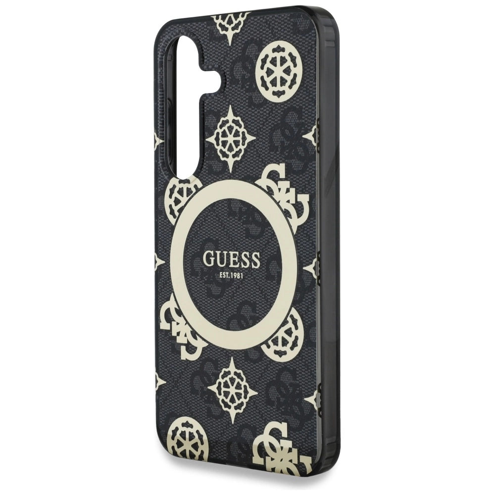 Guess 4G Background Gold Electroplated Peony Pattern MagSafe case for Samsung Galaxy S25 black_5