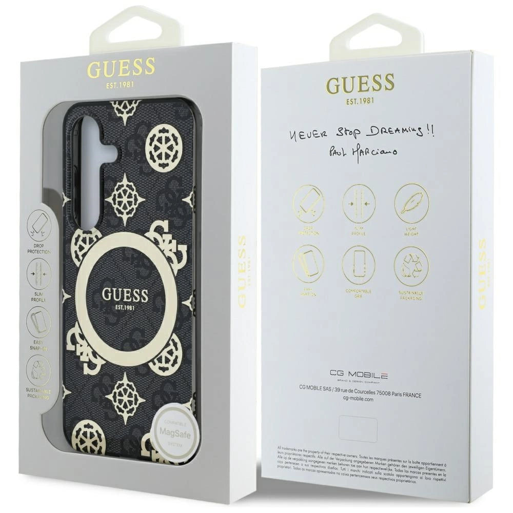 Guess 4G Background Gold Electroplated Peony Pattern MagSafe case for Samsung Galaxy S25 black_7