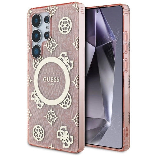 Guess 4G Background Gold Electroplated Peony Pattern MagSafe Case for Samsung Galaxy S25 Ultra Pink_0