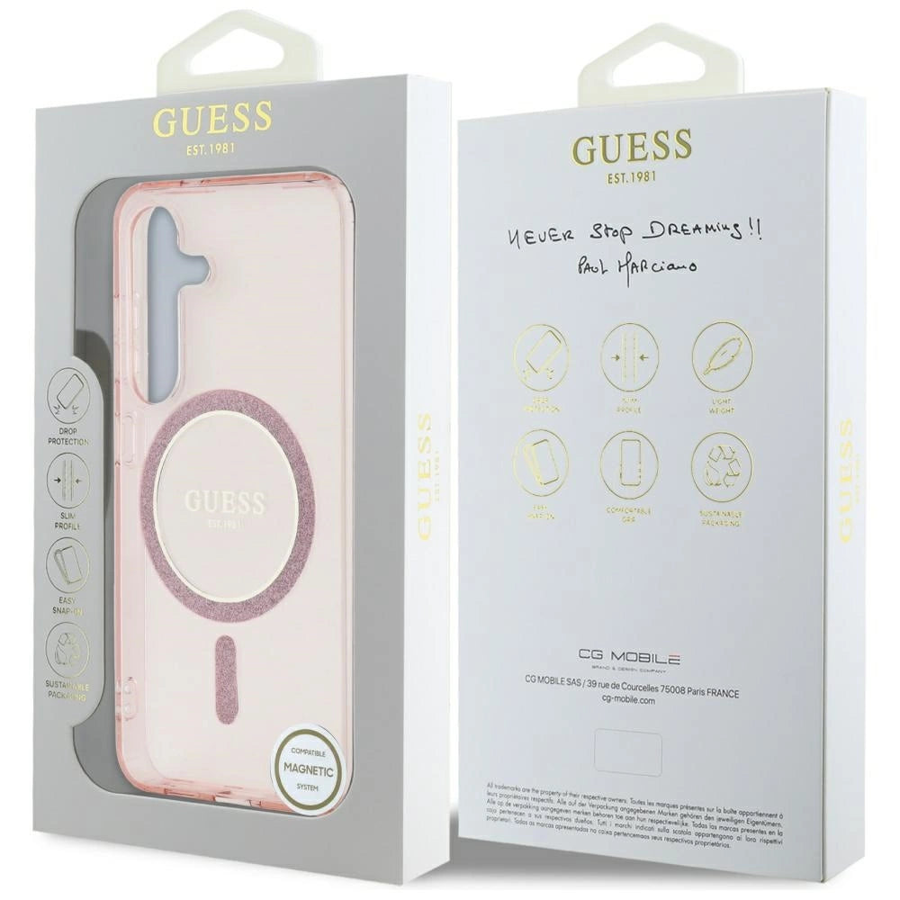Guess Glitter Circle Classic Logo MagSafe Case for Samsung Galaxy S25 Pink_7