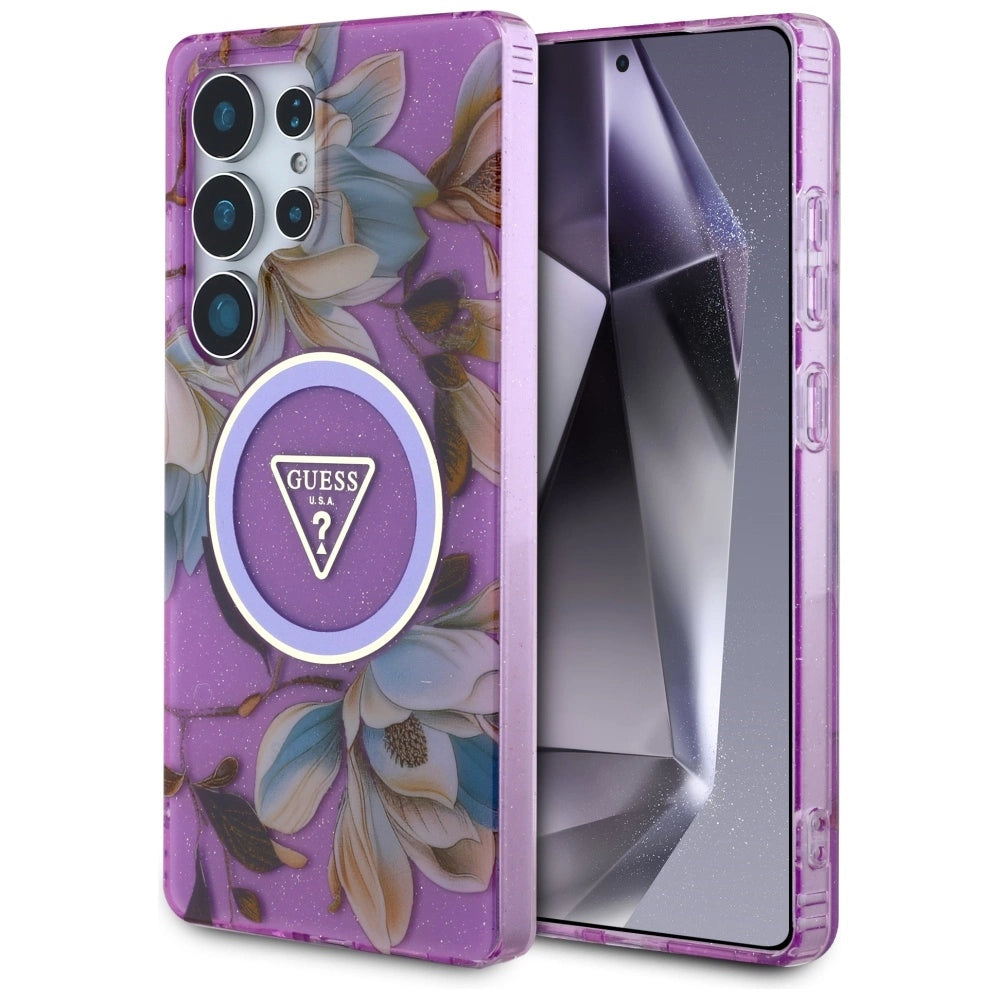 Guess Glitter Flowers Triangle Buttons MagSafe Case for Samsung Galaxy S25 Ultra purple_0