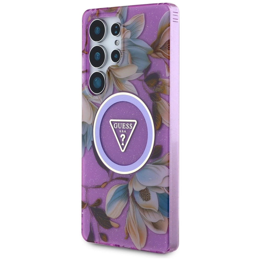 Guess Glitter Flowers Triangle Buttons MagSafe Case for Samsung Galaxy S25 Ultra purple_1