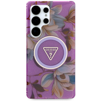 Guess Glitter Flowers Triangle Buttons MagSafe Case for Samsung Galaxy S25 Ultra purple_2
