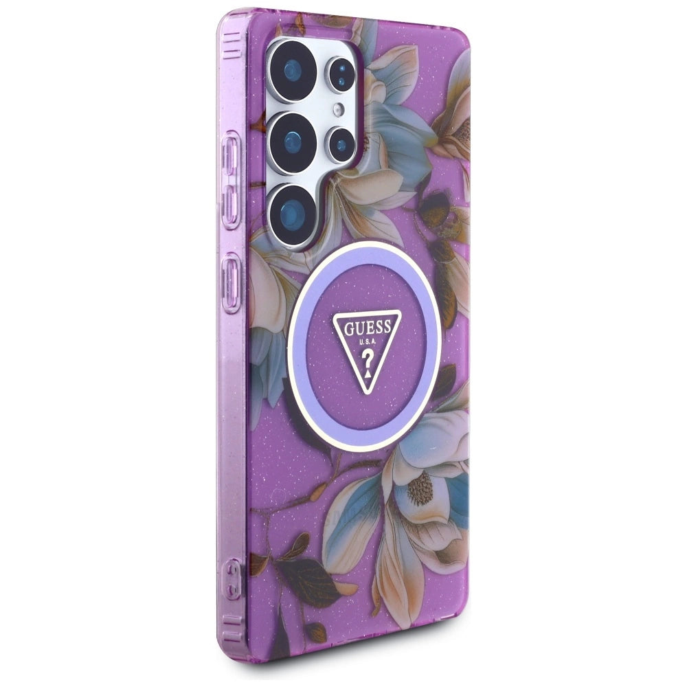 Guess Glitter Flowers Triangle Buttons MagSafe Case for Samsung Galaxy S25 Ultra purple_3