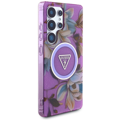 Guess Glitter Flowers Triangle Buttons MagSafe Case for Samsung Galaxy S25 Ultra purple_3