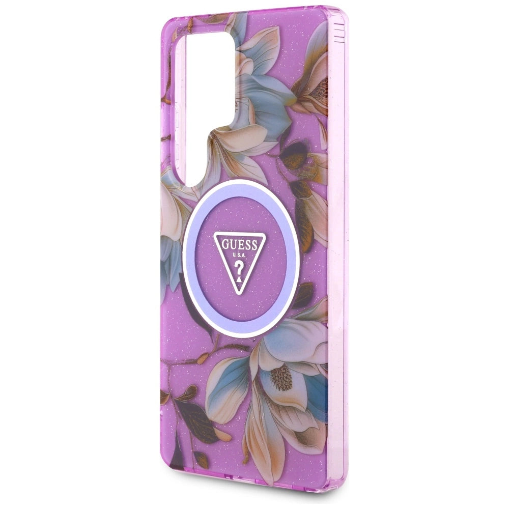 Guess Glitter Flowers Triangle Buttons MagSafe Case for Samsung Galaxy S25 Ultra purple_5