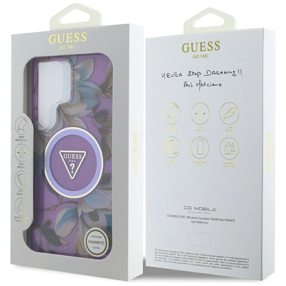 Guess Glitter Flowers Triangle Buttons MagSafe Case for Samsung Galaxy S25 Ultra purple_7