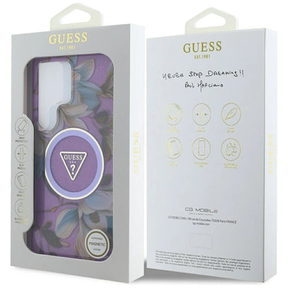 Guess Glitter Flowers Triangle Buttons MagSafe Case for Samsung Galaxy S25 Ultra purple_7