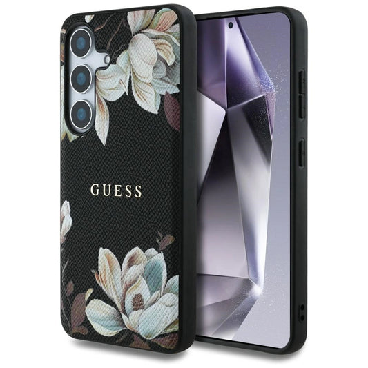 Guess Grained Printed Flower Pattern MagSafe case for Samsung Galaxy S25 black_0