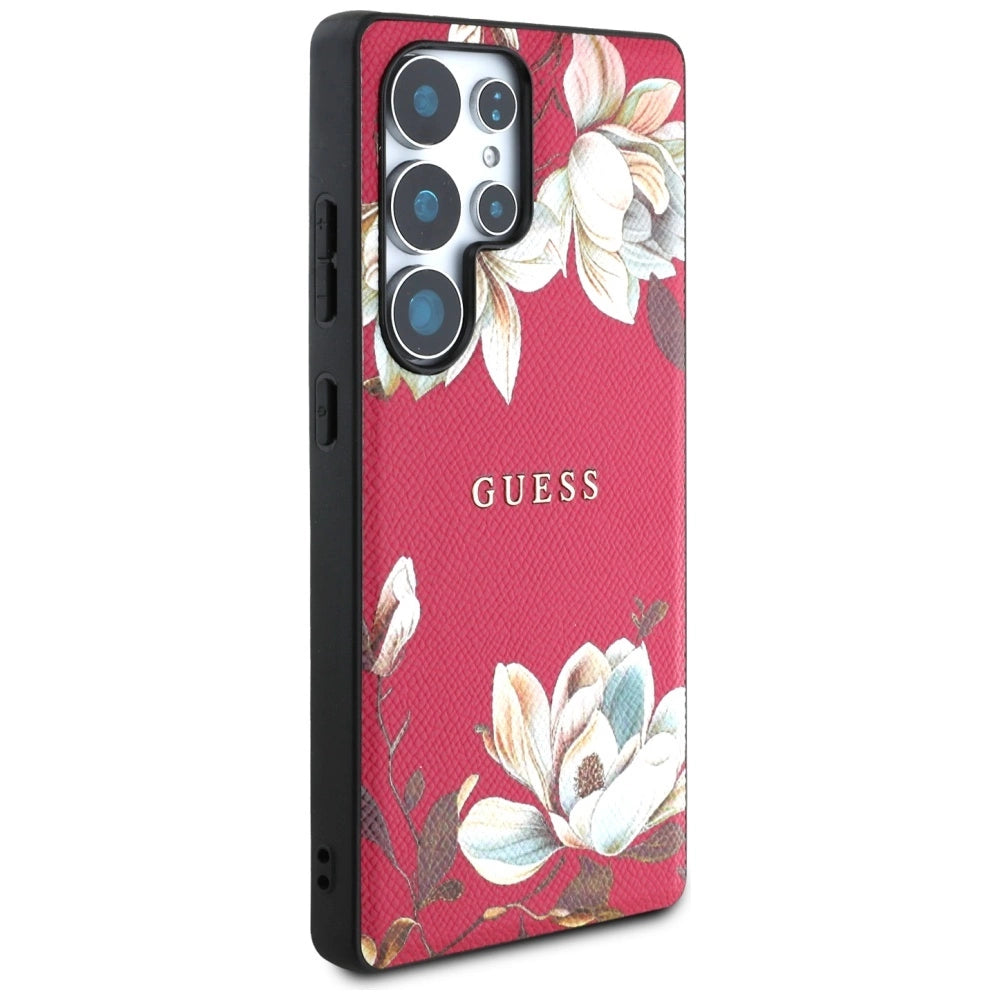 Guess Grained Printed Flower Pattern MagSafe Case for Samsung Galaxy S25 Ultra Fuchsia_3