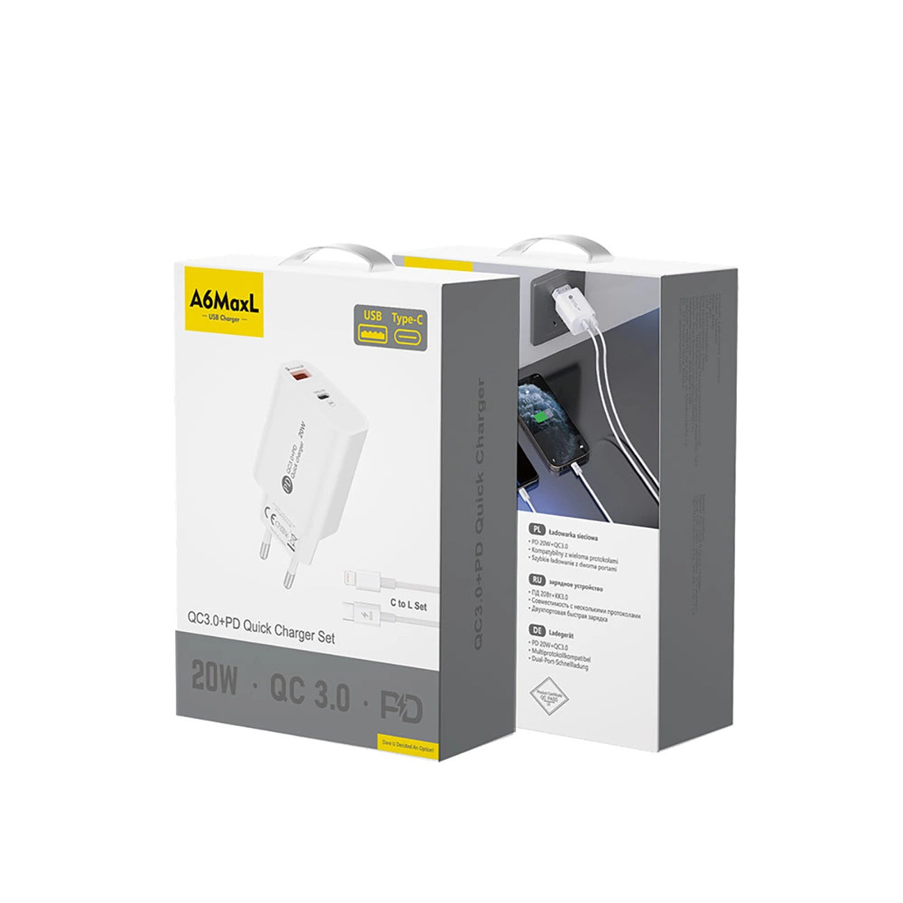 A6MaxL 20W USB-A USB-C Wall Charger with 1m USB-C - Lightning Cable - White_2