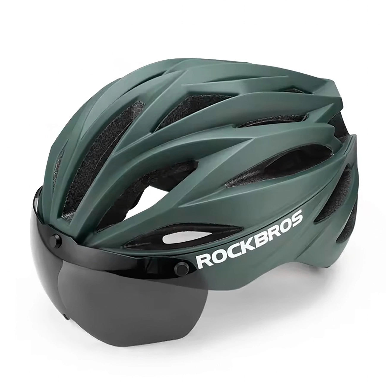 Rockbros Bike Helmet with Visor, Detachable UV Protective Goggles, Unisex - Green_0