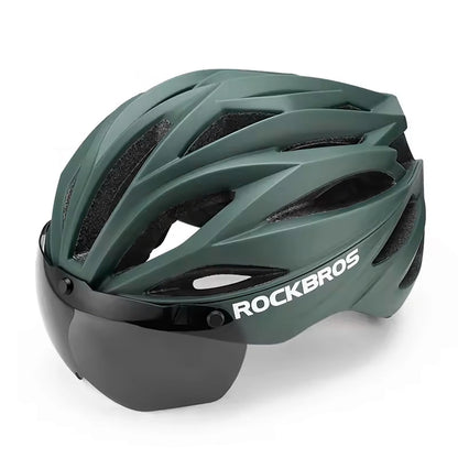 Rockbros Bike Helmet with Visor, Detachable UV Protective Goggles, Unisex - Green_0