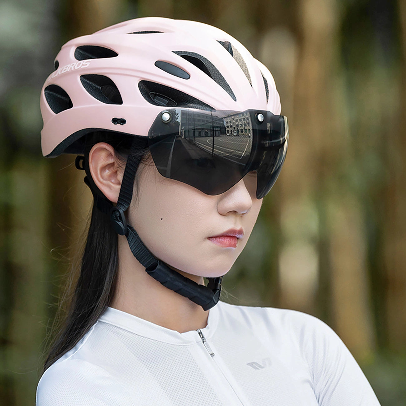 Rockbros Bike Helmet with Visor, Detachable UV Goggles, Detachable Visor, Unisex - Pink_12