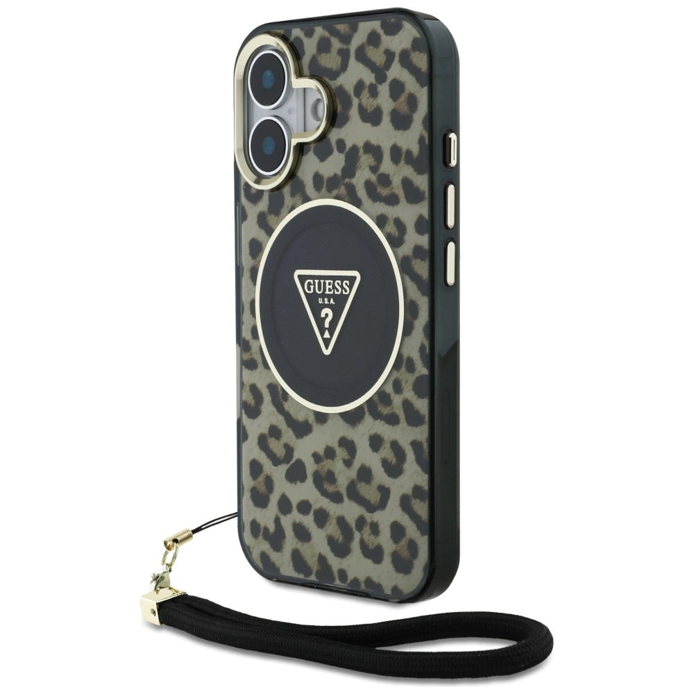 Guess HC IML Leopard Triangle Cord Strap MagSafe iPhone 16 Case - Brown_0