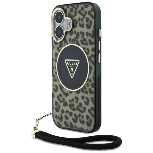Guess HC IML Leopard Triangle Cord Strap MagSafe iPhone 16 Case - Brown_0