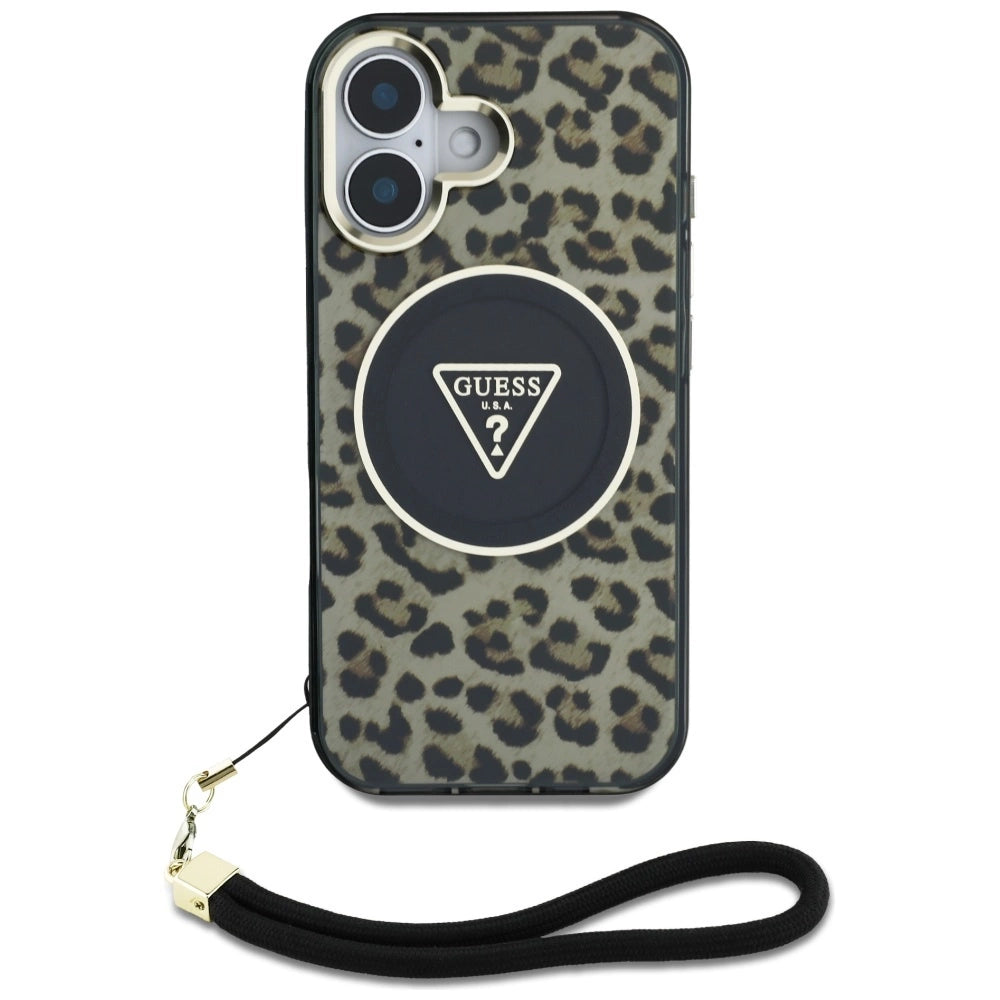 Guess HC IML Leopard Triangle Cord Strap MagSafe iPhone 16 Case - Brown_1