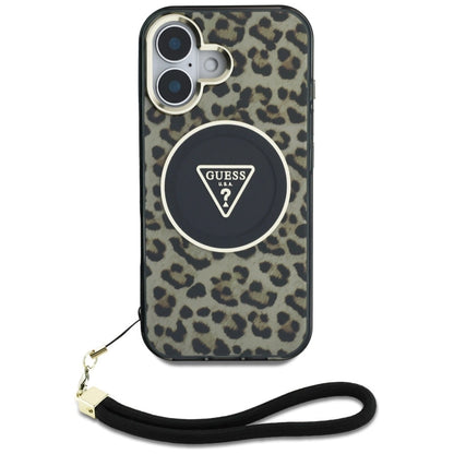 Guess HC IML Leopard Triangle Cord Strap MagSafe iPhone 16 Case - Brown_1