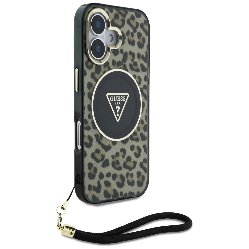 Guess HC IML Leopard Triangle Cord Strap MagSafe iPhone 16 Case - Brown_2