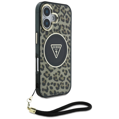 Guess HC IML Leopard Triangle Cord Strap MagSafe iPhone 16 Case - Brown_2