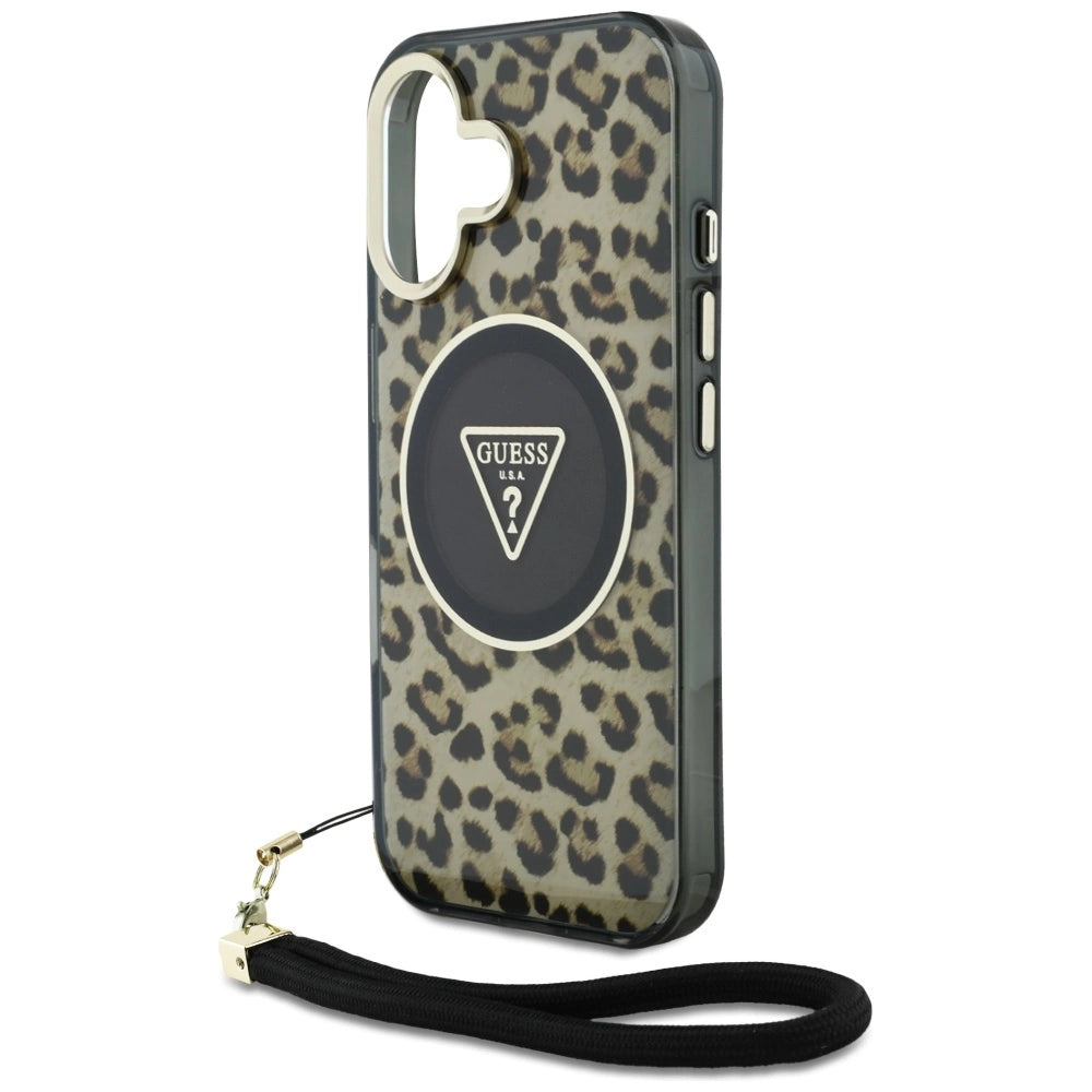 Guess HC IML Leopard Triangle Cord Strap MagSafe iPhone 16 Case - Brown_4