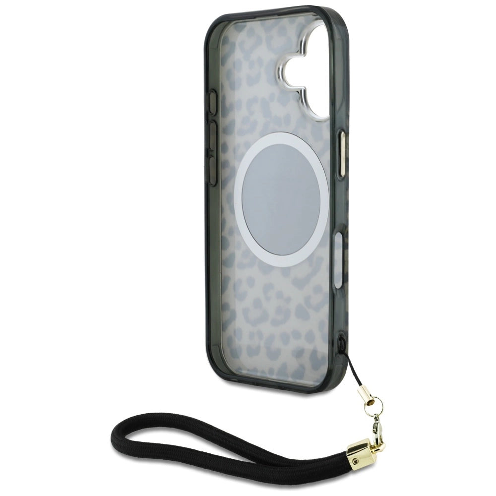 Guess HC IML Leopard Triangle Cord Strap MagSafe iPhone 16 Case - Brown_5