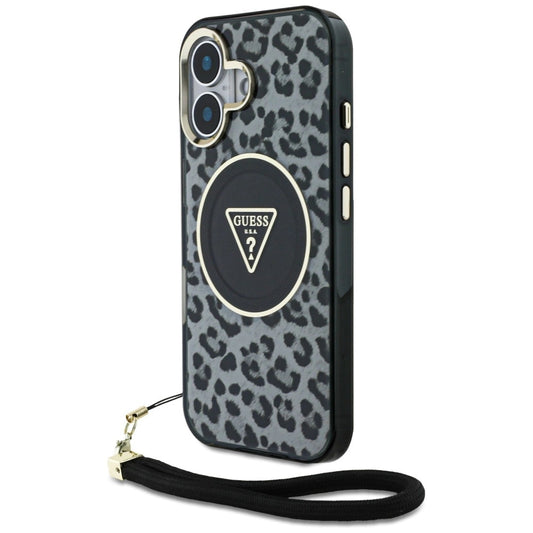 Guess HC IML Leopard Triangle Cord Strap MagSafe case for iPhone 16 - black_0