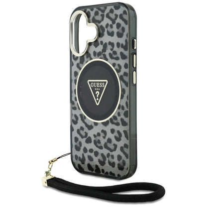 Guess HC IML Leopard Triangle Cord Strap MagSafe case for iPhone 16 - black_4