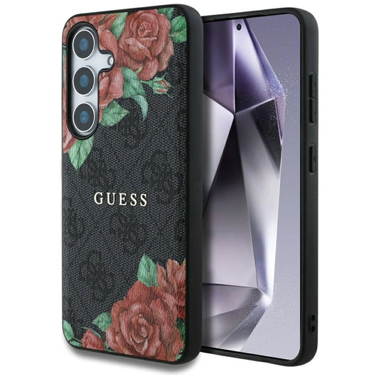Guess Leather 4G Flowers Print Metal Classic Logo MagSafe Case for Samsung Galaxy S25 - Black_0