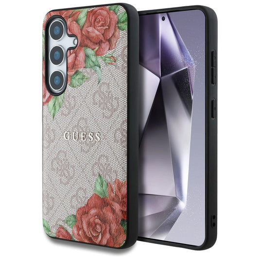 Guess Leather 4G Flowers Print Metal Classic Logo MagSafe Case for Samsung Galaxy S25 - Pink_0